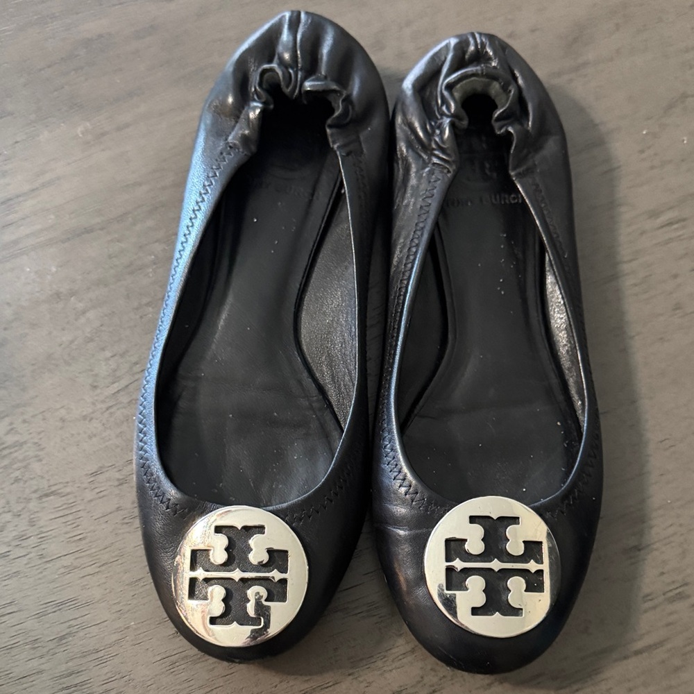Tory Burch Black Leather Flats with Silver Logo